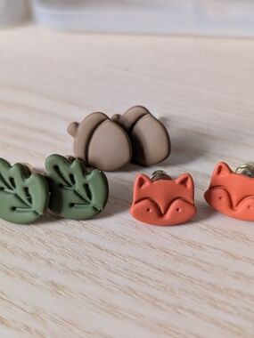 Fox, Leaf and Acorn Stud Earring Set - Brown, Green, Orange